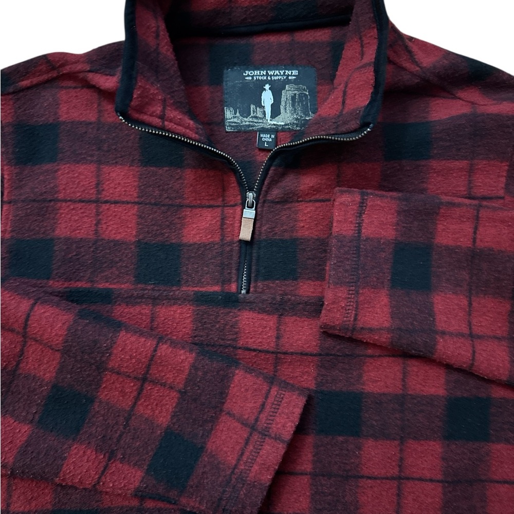 John Wayne Stock & Supply Sweater Mens Large Red Black Buffalo Plaid Half‎ Zip